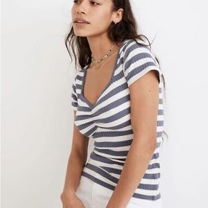 Madewell Navy & White Striped Twist-Front Short Sleeve Tee